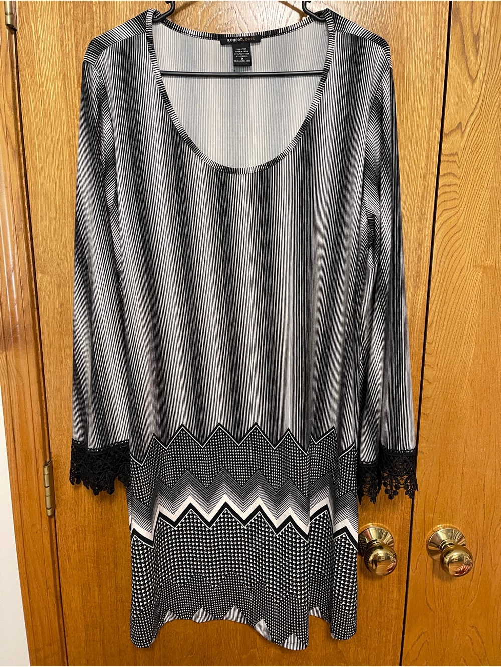 Robert Louis Black and White Striped Lace-Hem Long Sleeve Dress